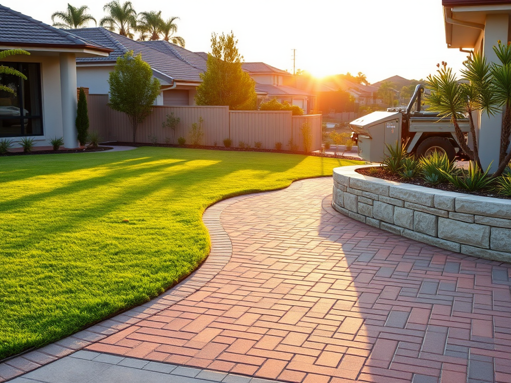 Professional landscaping in Gosnells Perth showing manicured lawn, brick paving, limestone retaining walls and reticulation system
